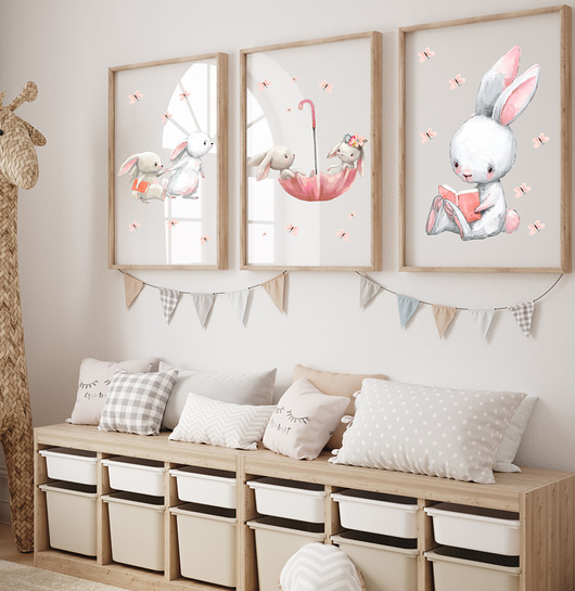 obrazy i plakaty do pokoju dziecięcego Króliczki w parasolce  plakaty, obrazki na ścianę dla dzieci