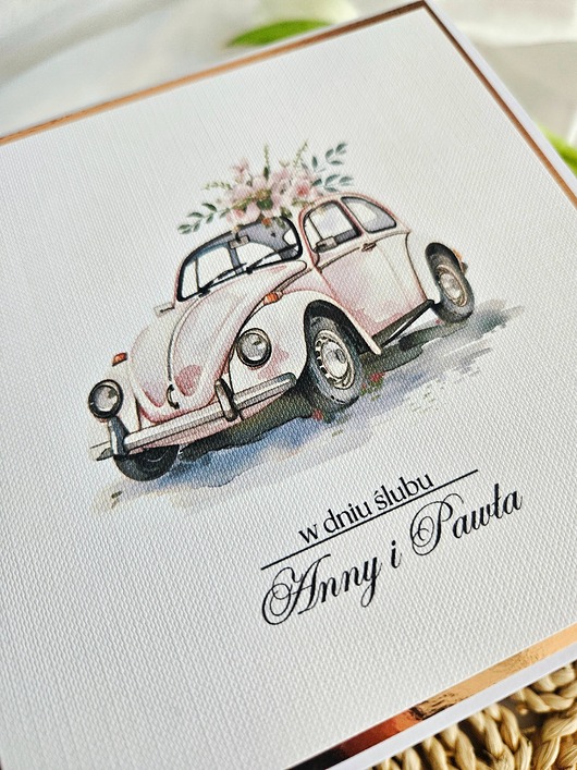 zaproszenia i kartki na ślub Ślubna kartka do koperty z autem na zamówienie