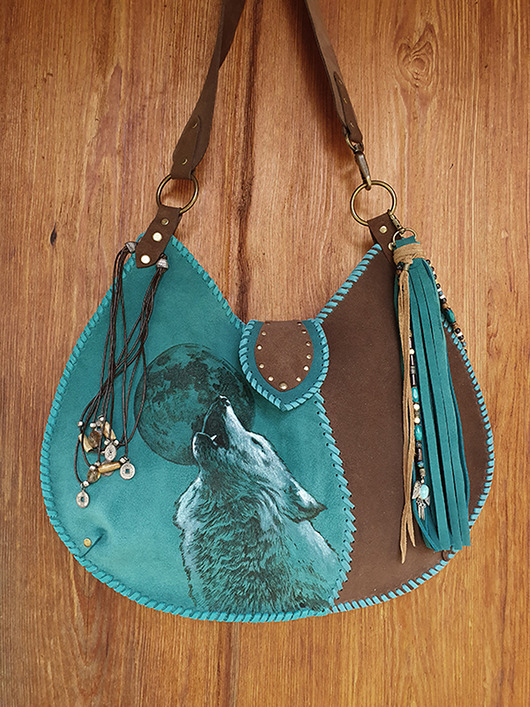 torby na ramię Skórzana torba z wilkiem,  brąz i turkus