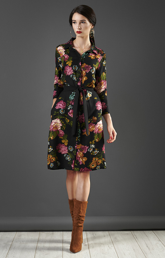 sukienki midi damskie Czarna szmizjerka w kwiaty PALOMA