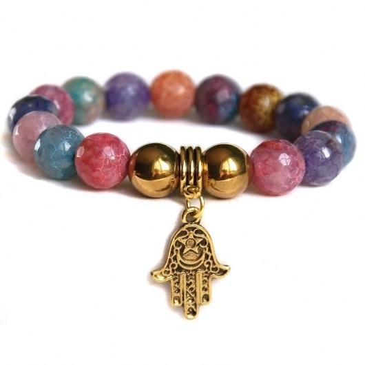 agat multicolor FASETKA & złota hamsa kaktusia