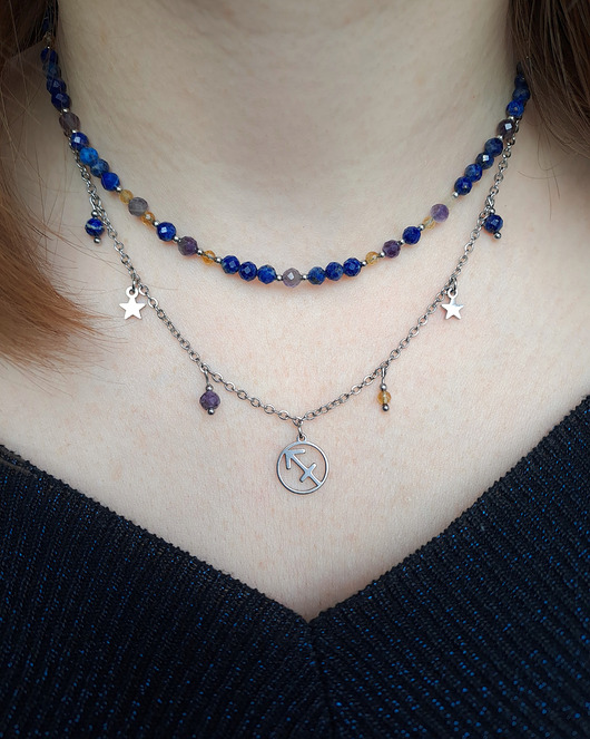 naszyjniki - inne Naszyjnik dla Strzelca z lapis lazuli, ametystem i cytrynem