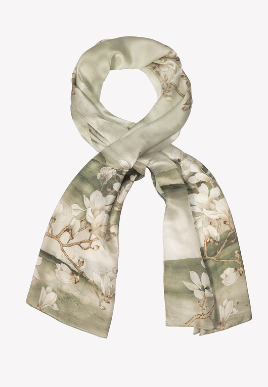 szale damskie Elegancki szal jedwabny zielony w kwiaty 55x175 cm
