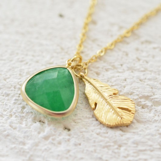 green agate  & feather  naszyjnik Made by Magda