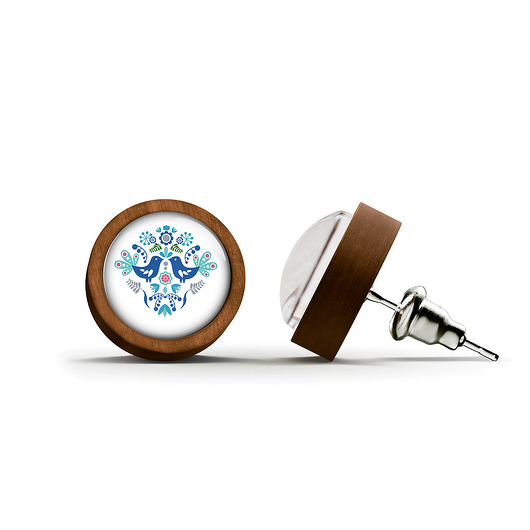 kolczyki drewniane Kolczyki drewniane - Ptaszki folk, blue - sztyfty