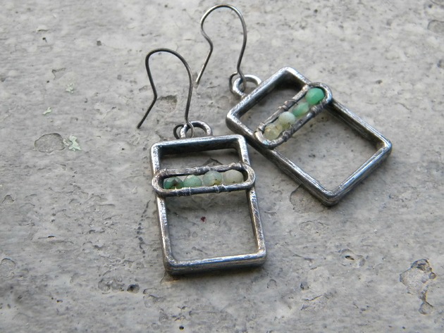 kolczyki wire wrapping Prostokąt chryzopraz     - kolczyki