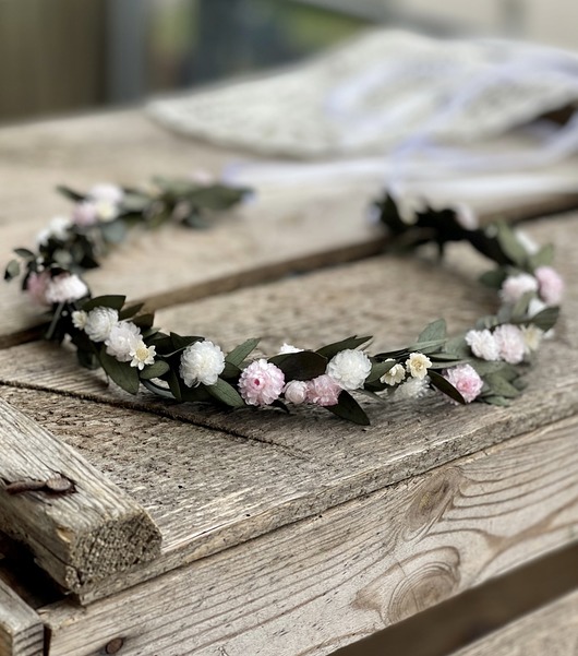 Wianek z naturalnym eukaliptusem i suszkami na Komunię/Ślub Rosa
