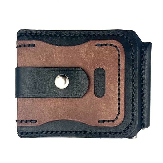 portfele damskie Czarno-brązowy portfel ze skóry ręcznie uszyty zapinany na klips.