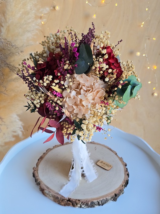 dodatki ślubne Bukiet ślubny z hortensją i eukaliptusem - bordo, beż, róż i zieleń