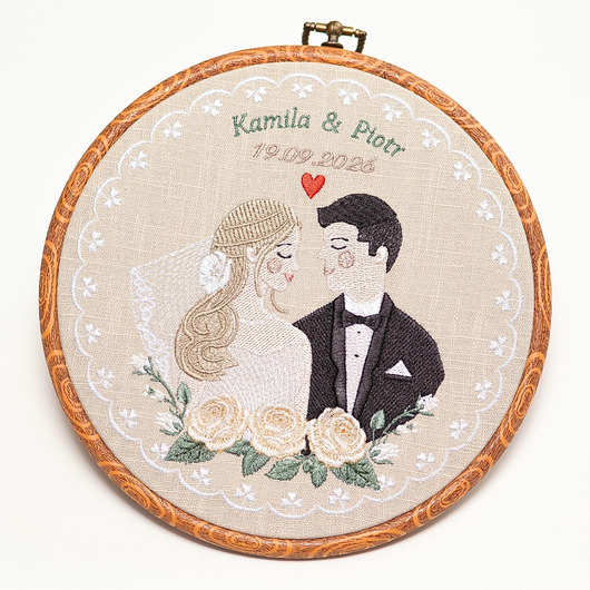 Ślub - inne Haft ślubny w tamborku 20 cm, indywidualna pamiątka ślubna, rocznicowa