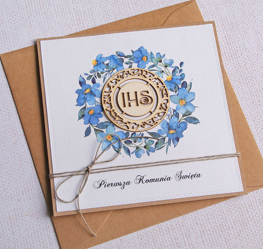 kartki na komunię Kartka z życzeniami : I Komunia Święta : IHS : niebieska