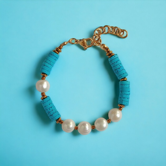 bransoletki z kamieni naturalnych LIMITOWANA bransoletka : kolekcja summer ocean : PERŁY & LAWA turkusowa