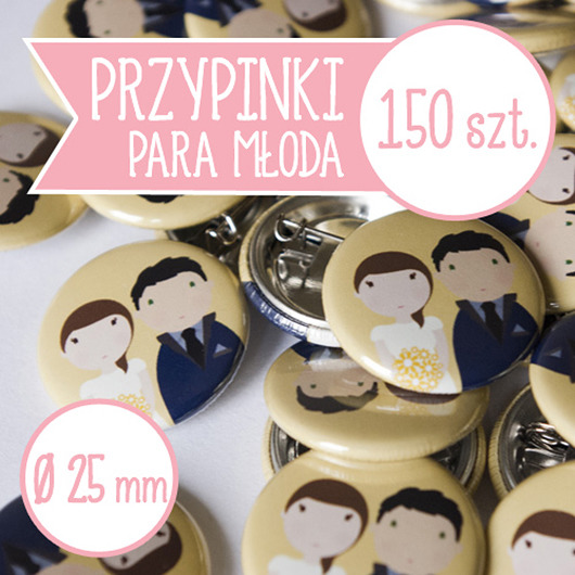 150 szt. przypinki ślubne Młoda Para 25 mm inkipinki