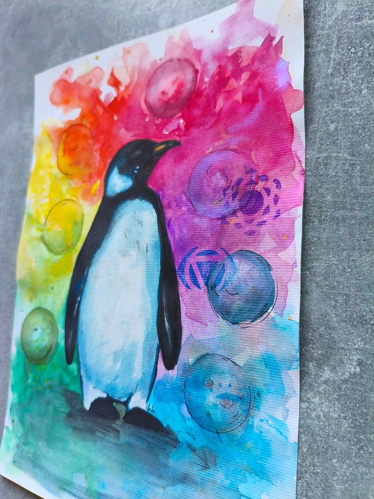 grafiki i ilustracje Biało-Czarna Tęcza Obraz Akwarela Pingwin Przewodnik Duchowy Czakry 21x30