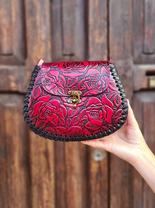 torby na ramię Torebka skórzana ręcznie robiona Flores Ciemnoróżowa