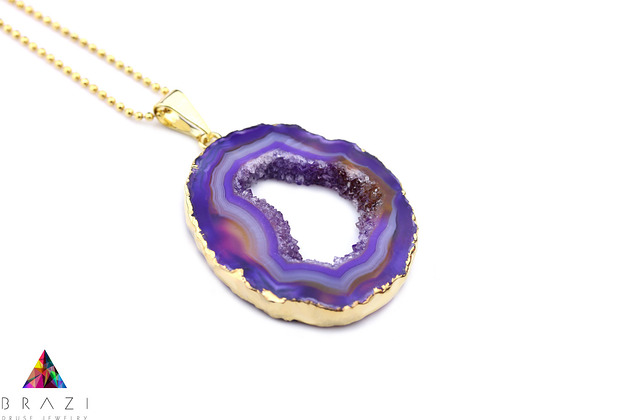 Colare Agat Geoda Fioletowa złoto Brazi Druse Jewelry