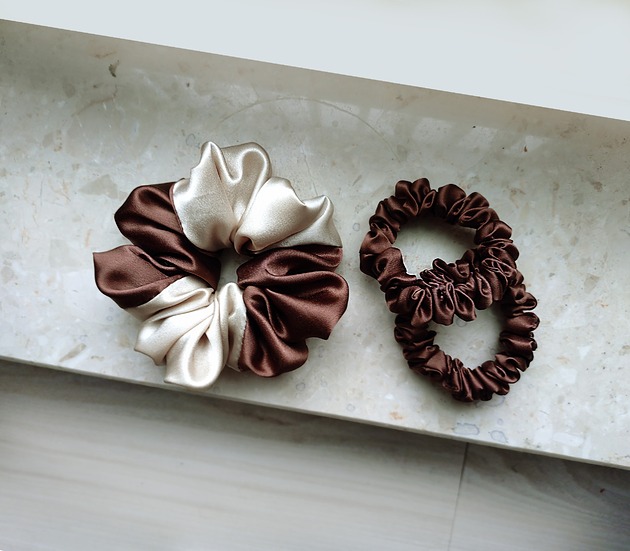 gumki do włosów Czekoladowy - zestaw jedwabnych scrunchie