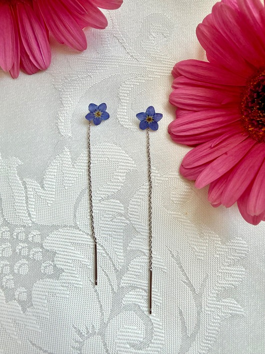 kolczyki srebrne Romantyczne kolczyki przeciągane z prawdziwymi niezapominajkami 