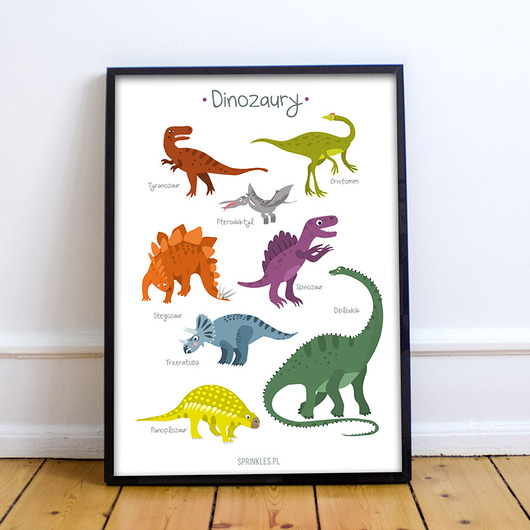 Plakat z dinozaurami. Białe tło. 30x40 cm Sprinkles