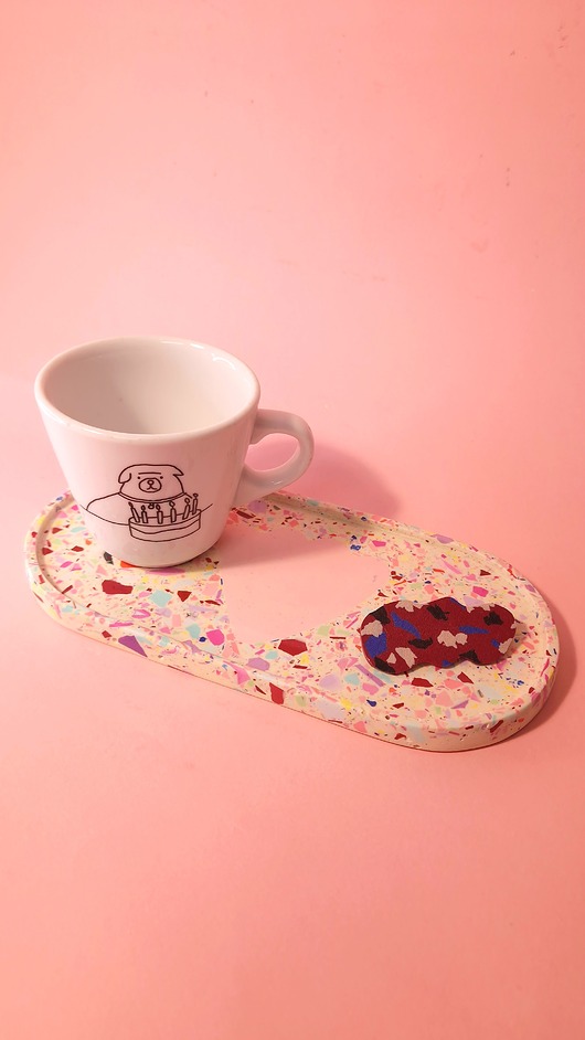 pojemniki na biżuterię Podstawka owalna, kolorowe lastryko, duża taca, biała, kwiatek