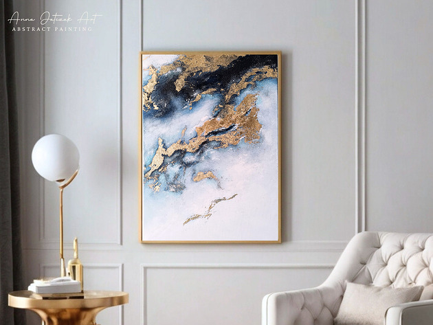 obrazy OCEAN Abstrakcyjny obraz akrylowy ze złotem, ręcznie malowany, 70x50 cm