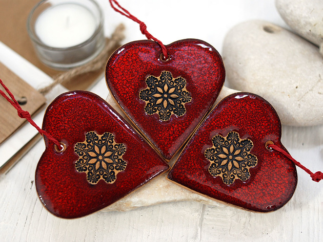 3 ceramiczne ozdoby serca - czerwone 10FingersArt