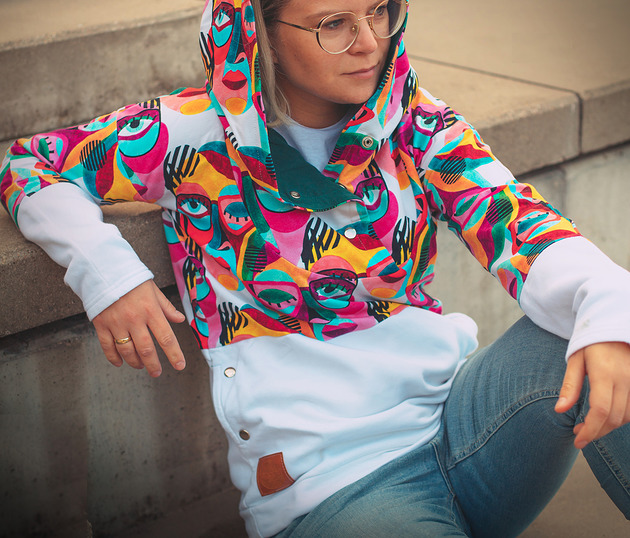 bluza z kapturem damska TWARZE bluza oversize patchwork z kapturem