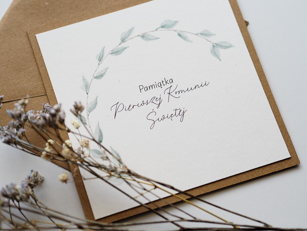 kartki scrapbooking Kartka na Pierwszą Komunię Świętą rustykalna listki