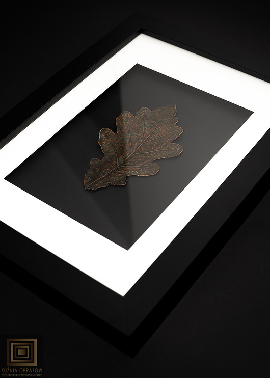 obrazy Miedziany Liść Dębu. Nowoczesny Obraz w Ramie 3D. Dekoracja Ścienna A4
