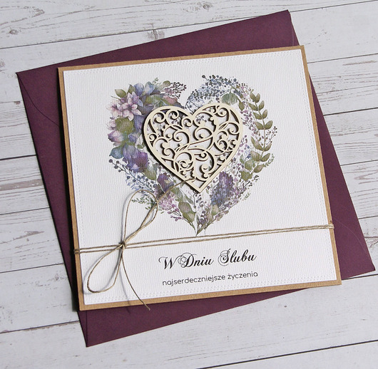 zaproszenia i kartki na ślub Kartka ślubna z życzeniami : fiolet : ażurowe serce