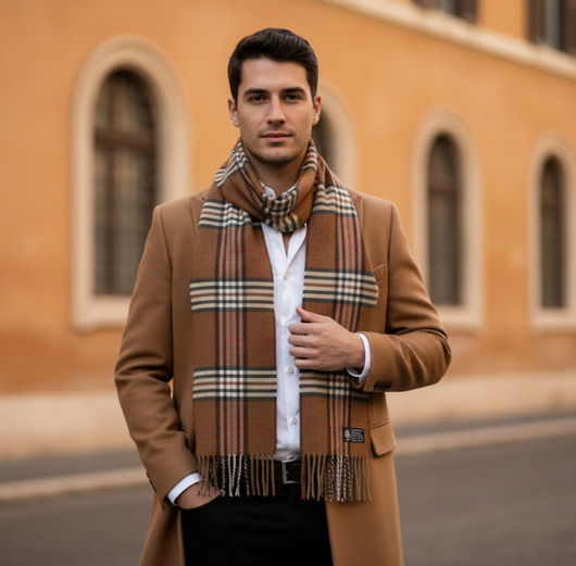 tuby i kominy Szalik Męski Brązowy Kratka Wełna