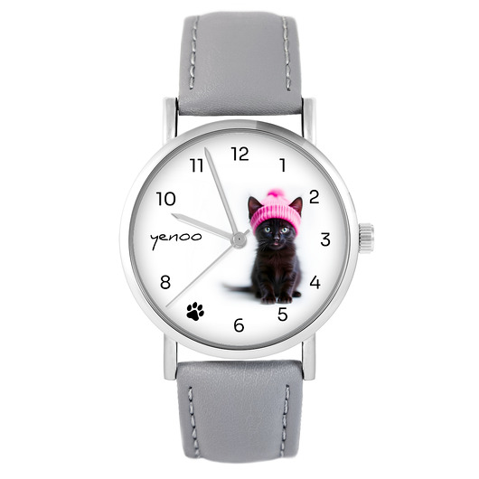 zegarki damskie Zegarek - Czarny kotek - szary, skórzany