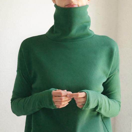 bluza bez kaptura damska Wąski rękaw Golf Ciemno zielony