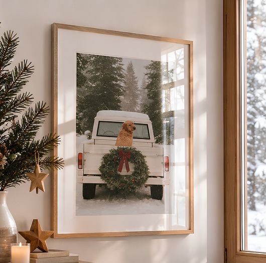 plakaty PLAKAT świąteczny zimowy pies golden retriever zdjęcie