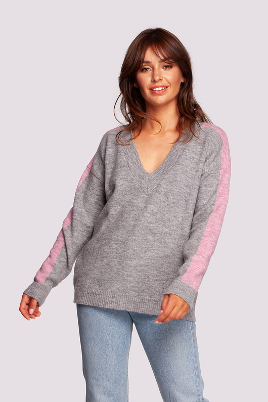 swetry damskie  Sweter w serek z kontrastowymi lampasami-szary(BK-093)