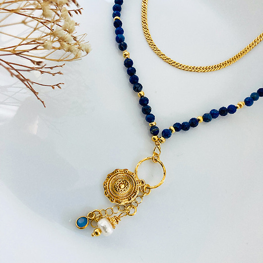 złote naszyjniki NASZYJNIK LAPIS LAZULI z perłą i zawieszką