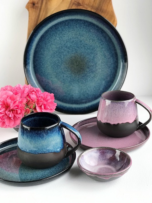 kubki Taca / Patera + talerze + kubki ceramiczne 2 szt -  Niebo z różem