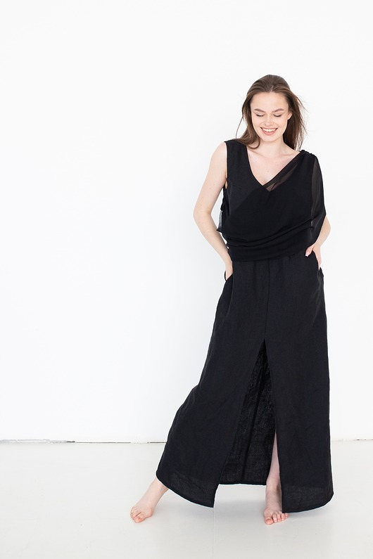 sukienki maxi damskie Elegancka sukienka czarna  lniana długa , len kreszowany, szyfon
