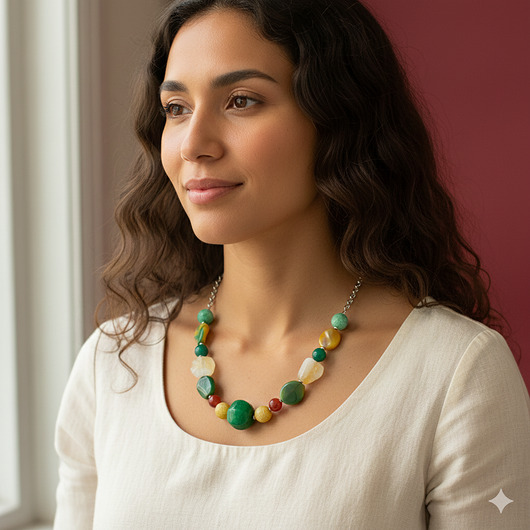 korale Unikatowy naszyjnik z dużymi kamieniami jaspis cytryn agat srebro 925