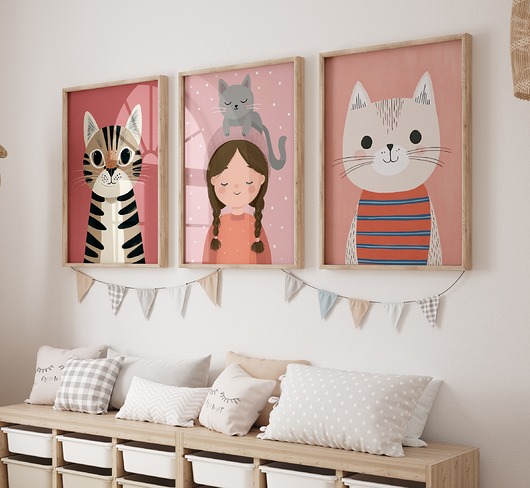 obrazy i plakaty do pokoju dziecięcego Zestaw 3 Plakaty kolorowe kotki kot dla dziewczynki