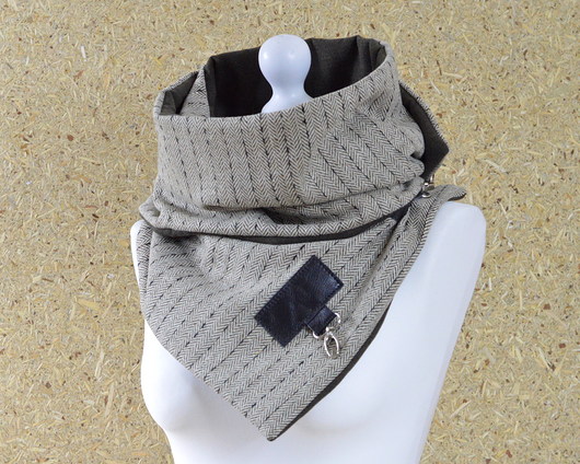 szale damskie Szal wełna w jodełkę ze skórą Unisex -Zieleń khaki