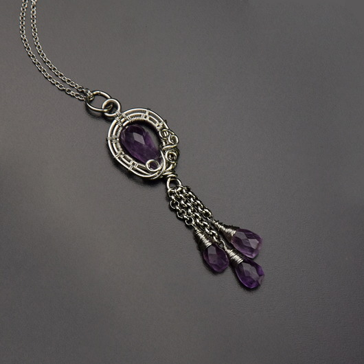 Wisiorek ametyst wire wrapping stal chirurgiczna Agata Rozanska
