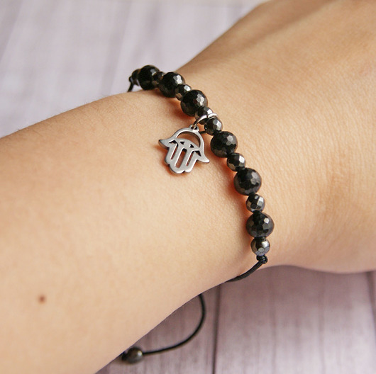 bransoletki z kamieni naturalnych OCHRONNA bransoletka - czarny turmalin, hamsa - czarny sznurek