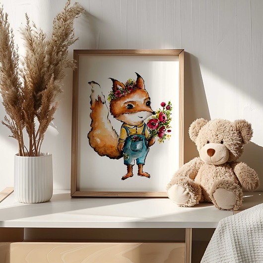 grafiki i ilustracje Lisek ogrodnik akwarela do pokoju dziecięcego oryginał