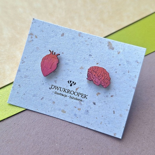kolczyki drewniane Serce i rozum malowane