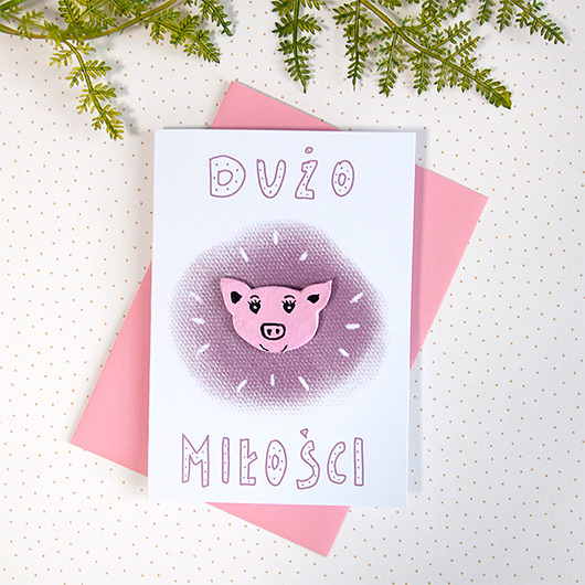 Kartka z pinem Świnka Gosia Sendlewska