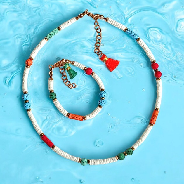 komplet biżuterii RAZEM TANIEJ! summer collection: naszyjnik i bransoletka : muszla biała i lawa