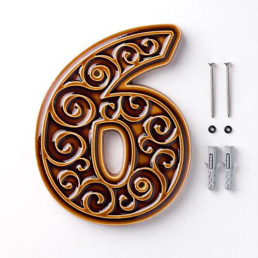 napisy dekoracyjne i tabliczki Numer domu, cyfra 6 miodowo-brązowa, do przykręcenia