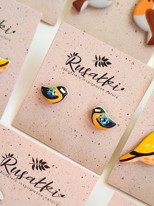 kolczyki z masy plastycznej Kolczyki sztyfty sikorki bogatki ptaszki, boho biżuteria, motyw leśny