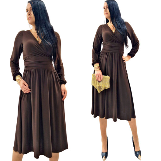 sukienki midi damskie Czekoladowa elegancka sukienka  midi draperia r 36-56